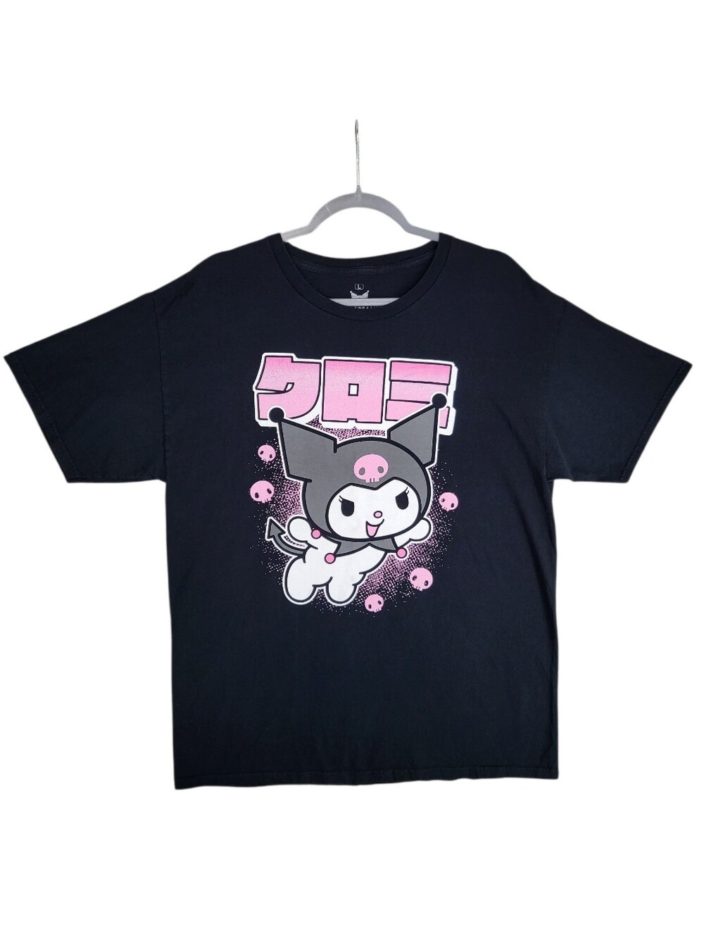 Sanrio Kuromi Black Graphic T-Shirt Japanese Kanji Skull Anime Kawaii Tee Size L